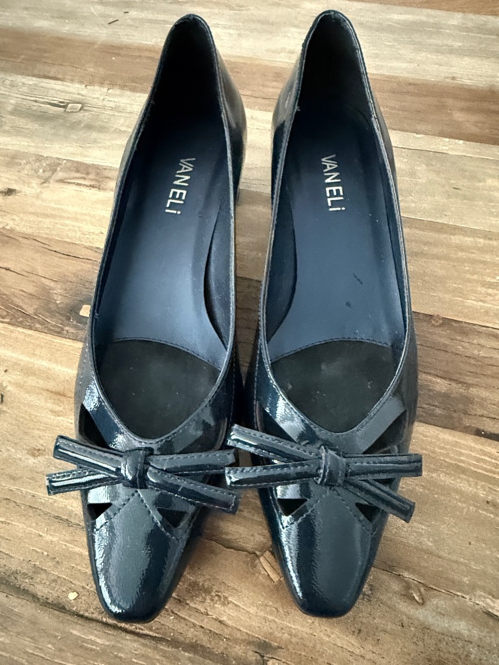 Vaneli Black Patent Leather Pointed-Toe Flats with Bow